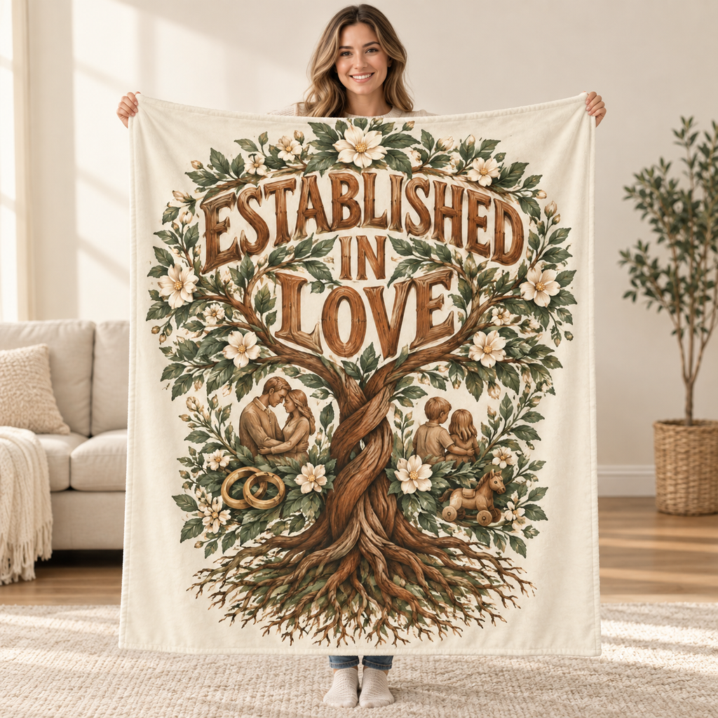 Established in Love blanket, held open