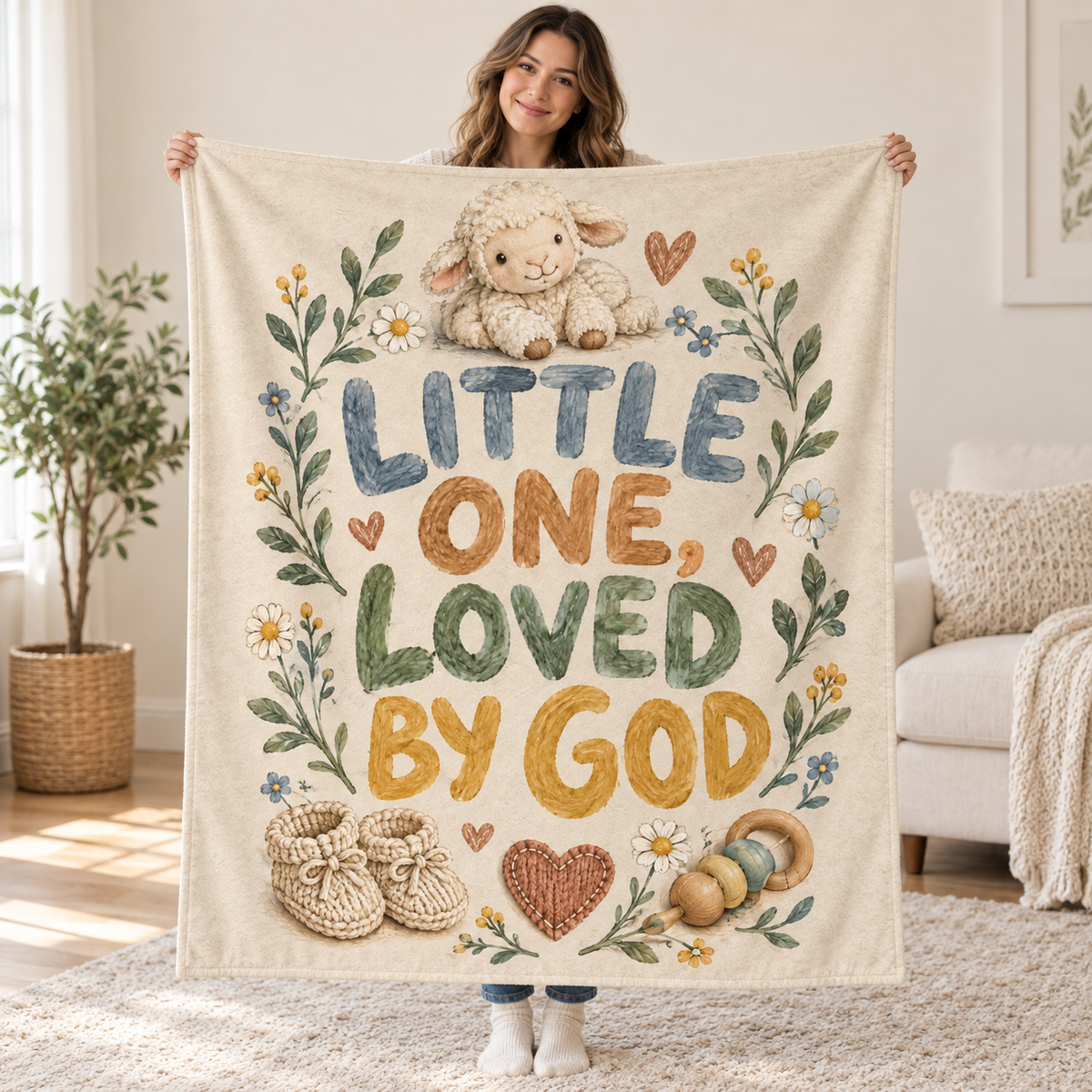 Little One, Loved by God blanket, held open