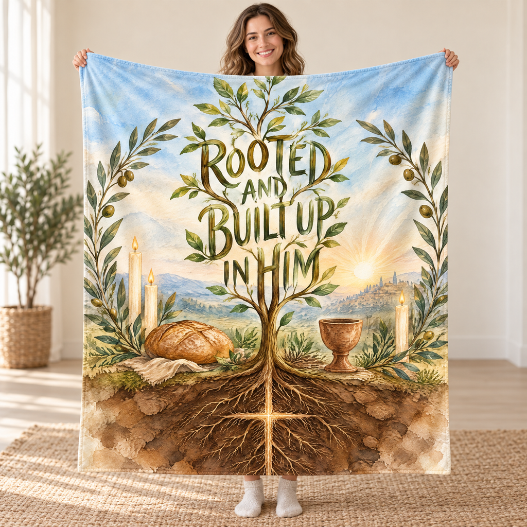 Rooted and Built Up in Him blanket, held open