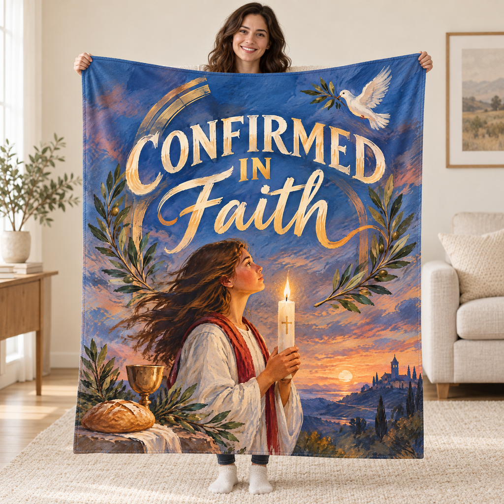 Confirmed in Faith blanket, held open