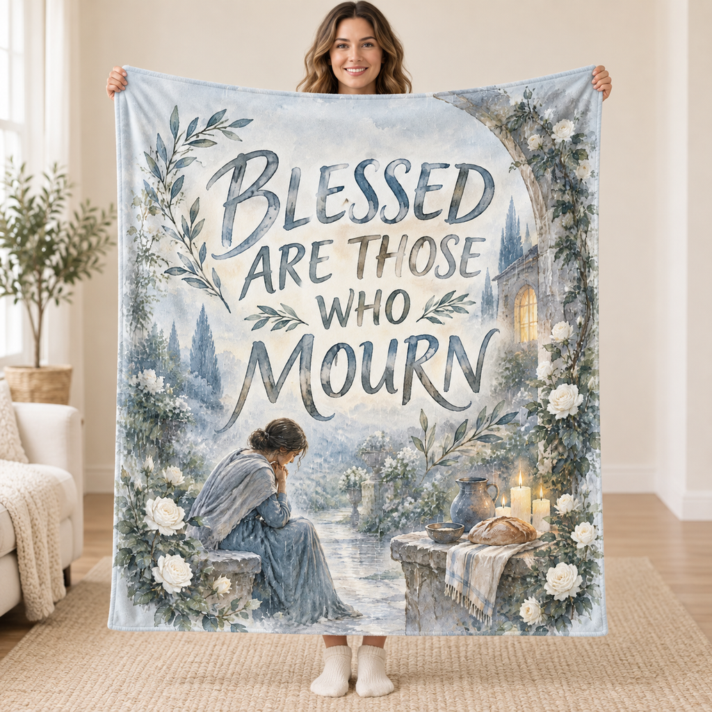 Blessed Are Those Who Mourn blanket, held open