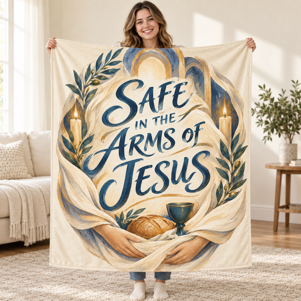 Safe in the Arms of Jesus blanket, held open