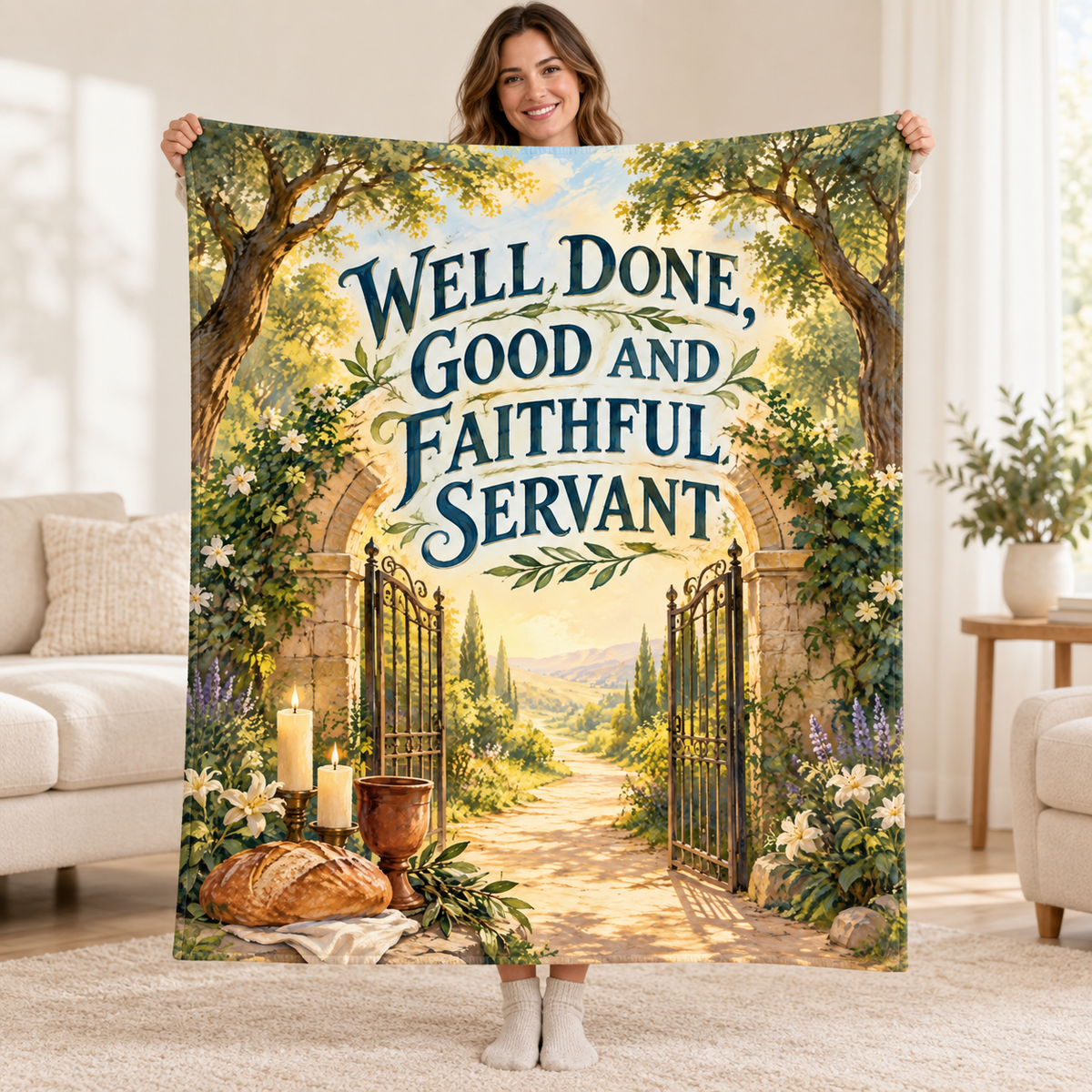 Well Done, Good and Faithful Servant blanket, held open
