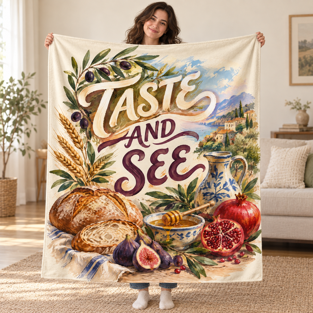 Taste and See blanket, held open