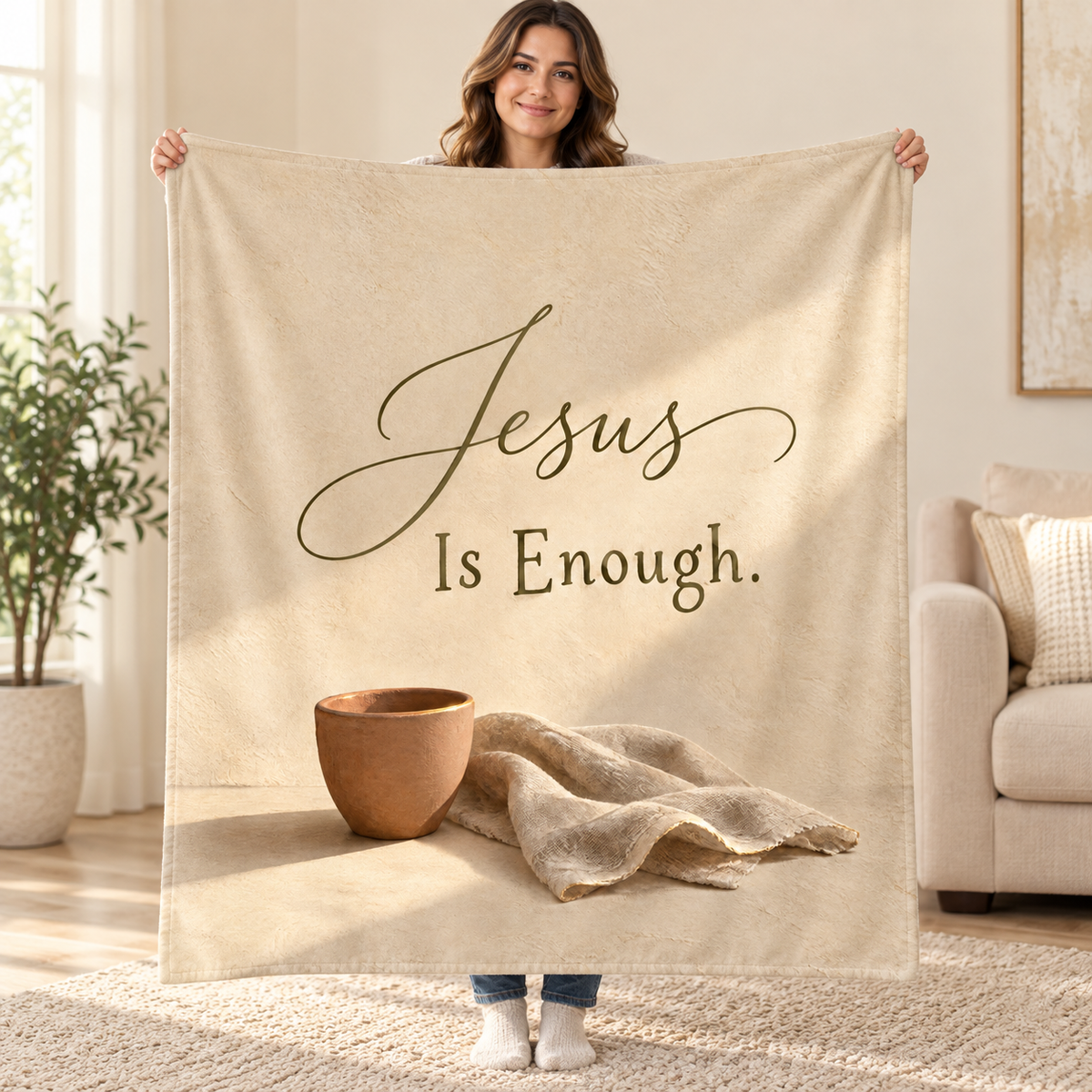 Jesus Is Enough blanket, held open