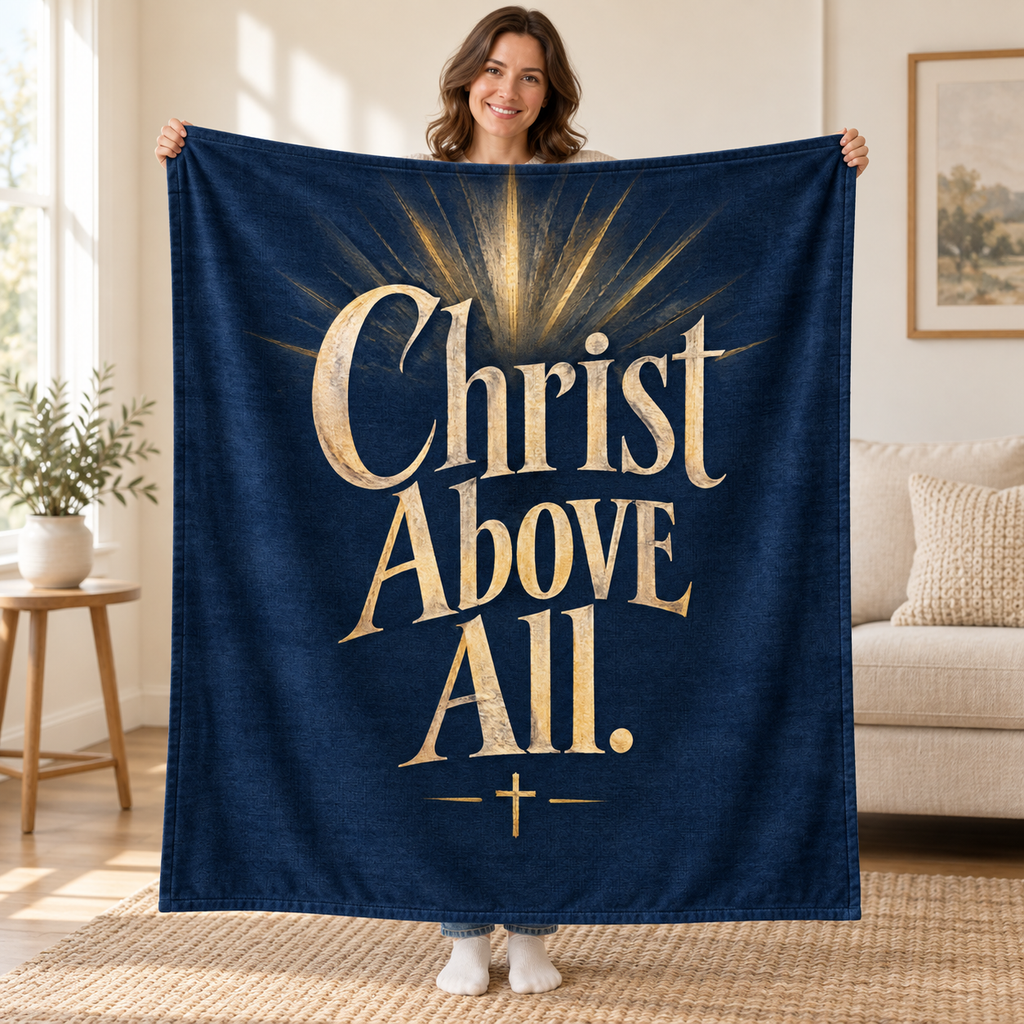 Christ Above All blanket, held open