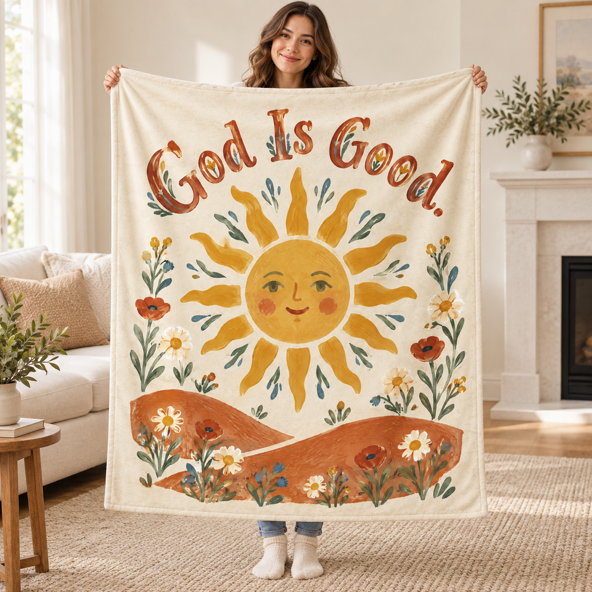 God Is Good blanket, held open