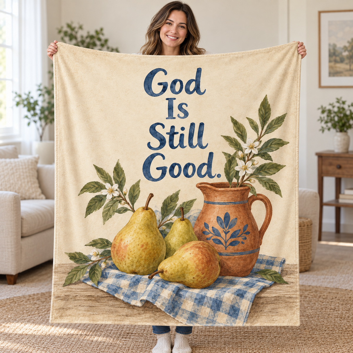 God Is Still Good blanket, held open