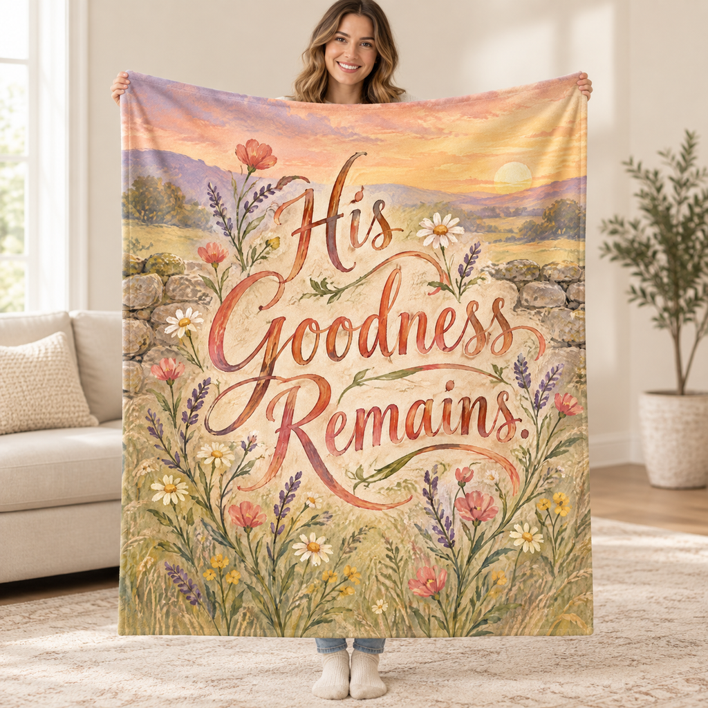 His Goodness Remains blanket, held open
