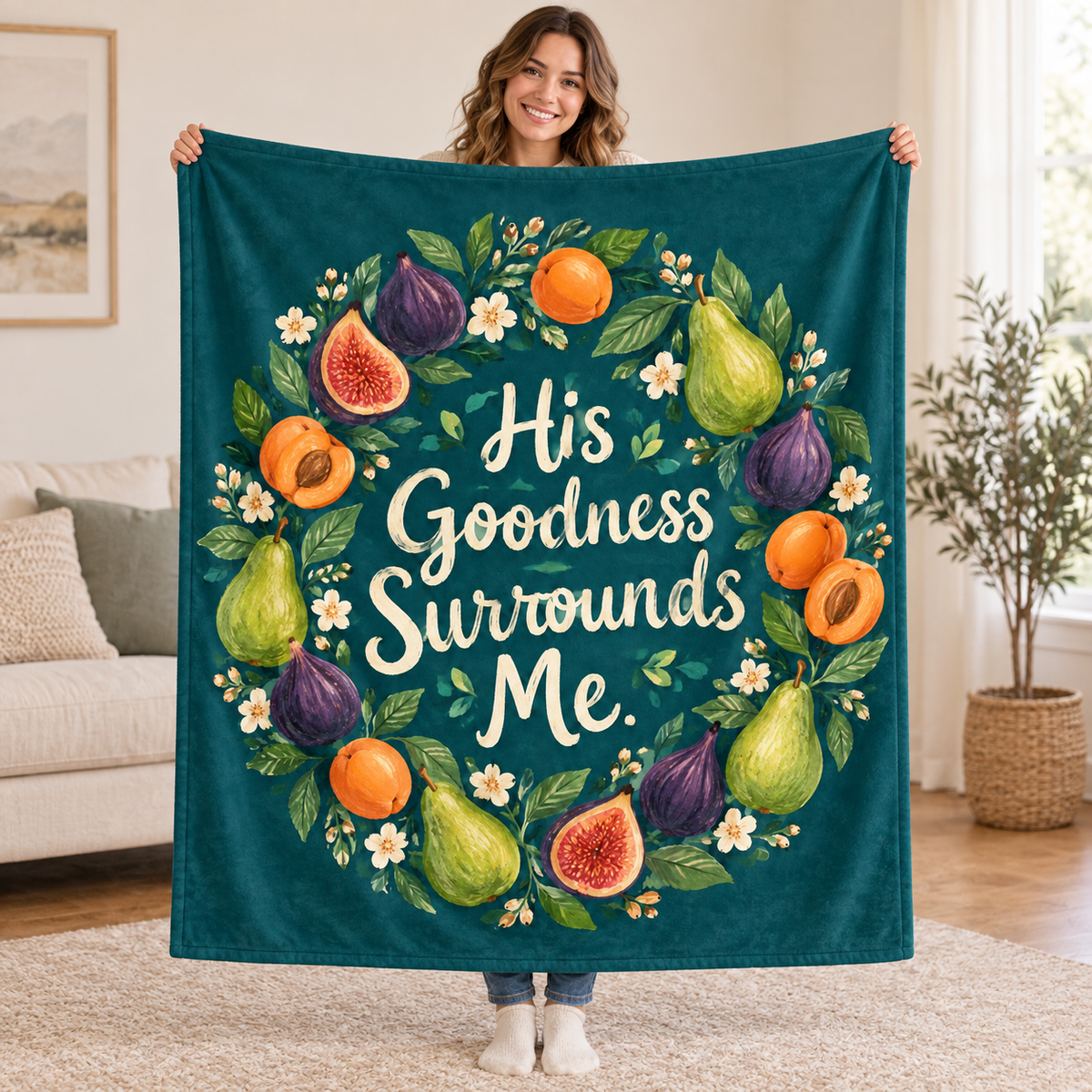 His Goodness Surrounds Me blanket, held open