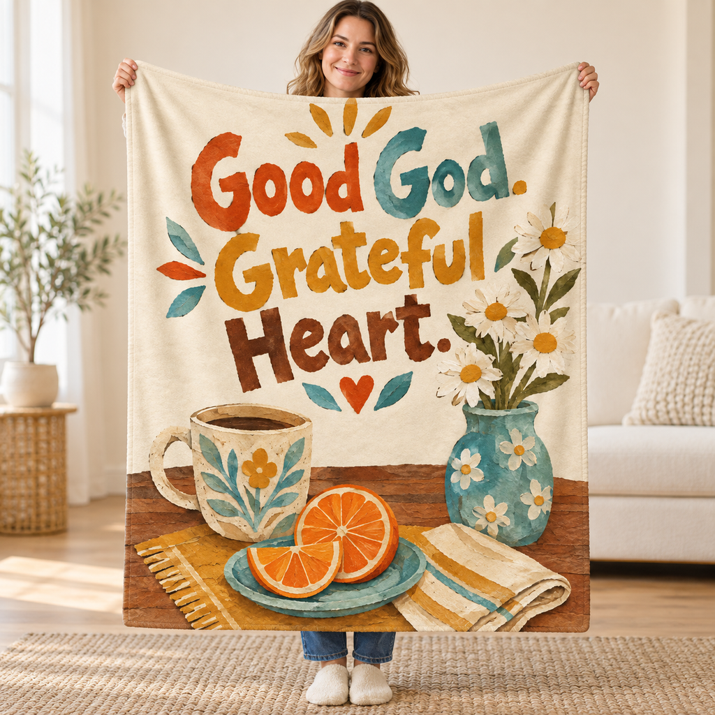 Good God. Grateful Heart blanket, held open