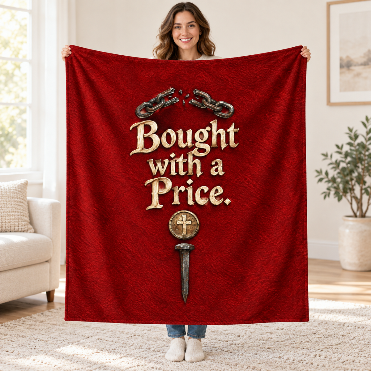 Bought with a Price blanket, held open