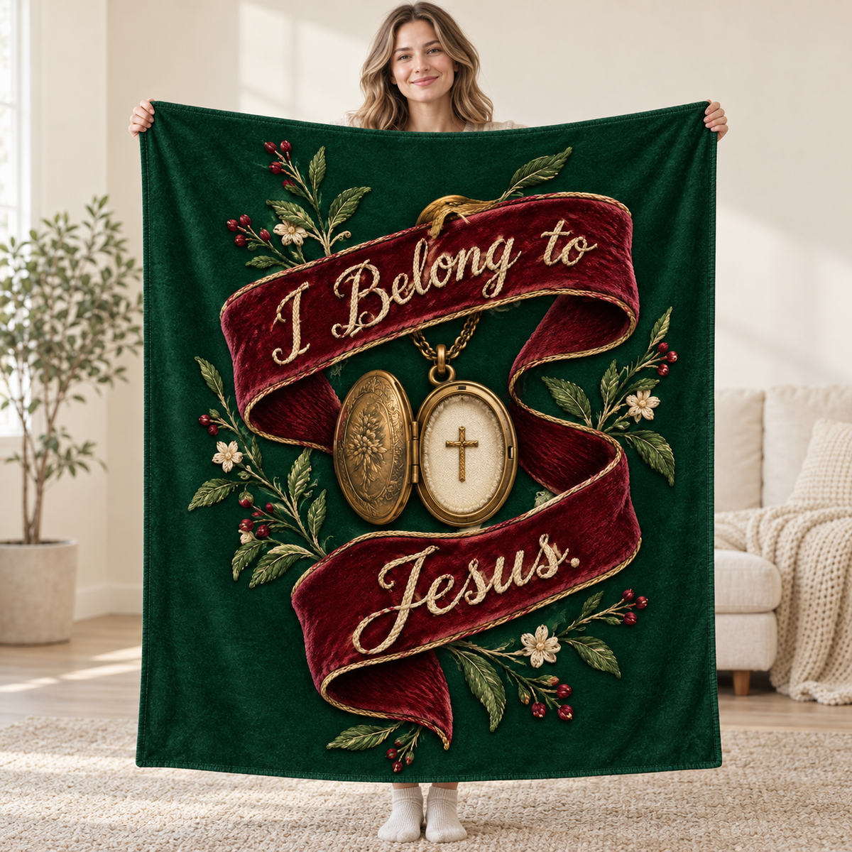 I Belong to Jesus blanket, held open