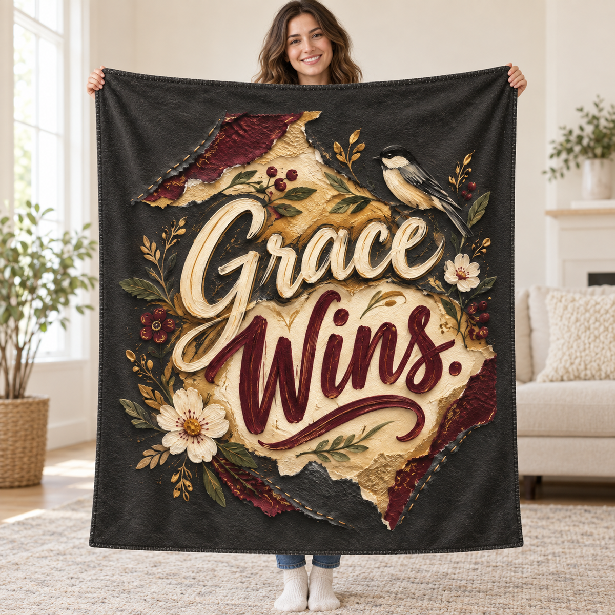Grace Wins blanket, held open