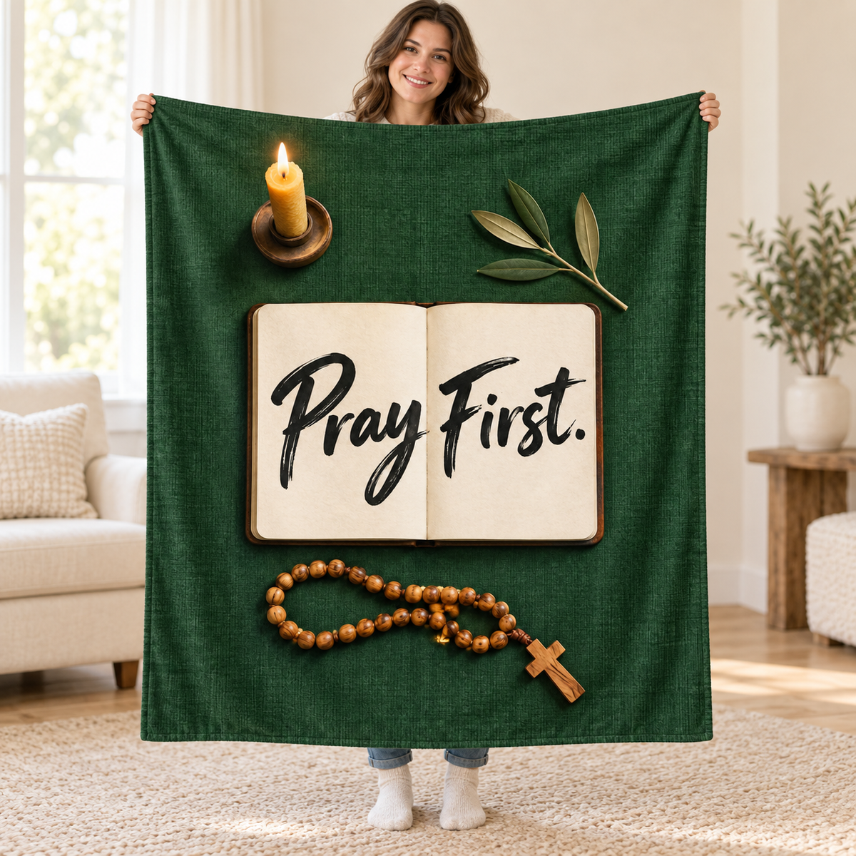Pray First blanket, held open
