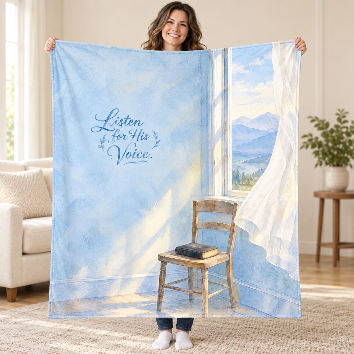 Listen for His Voice blanket, held open