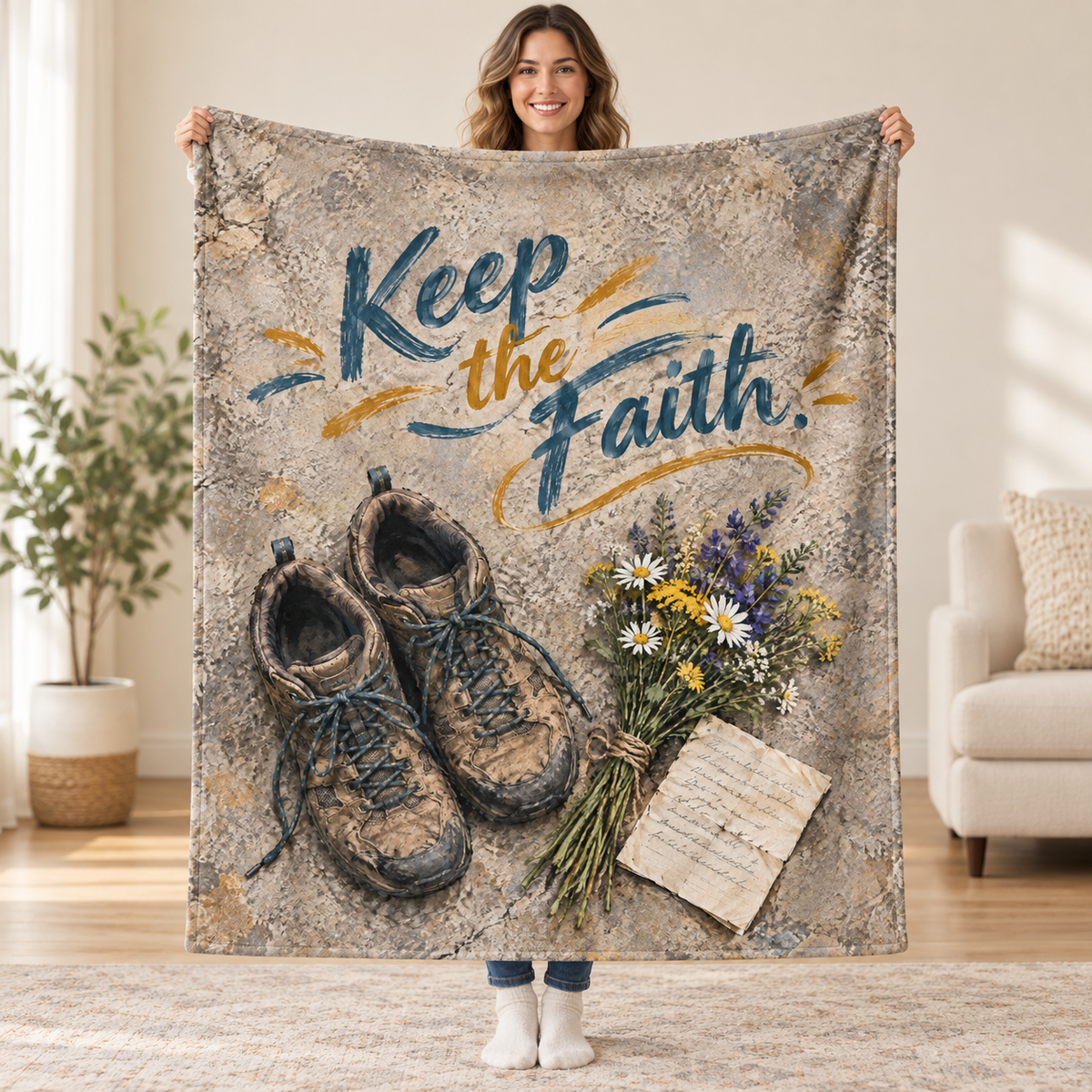 Keep the Faith blanket, held open
