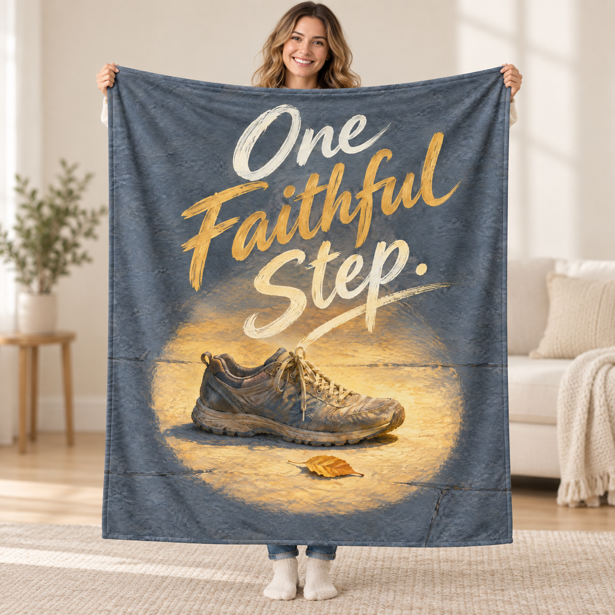 One Faithful Step blanket, held open