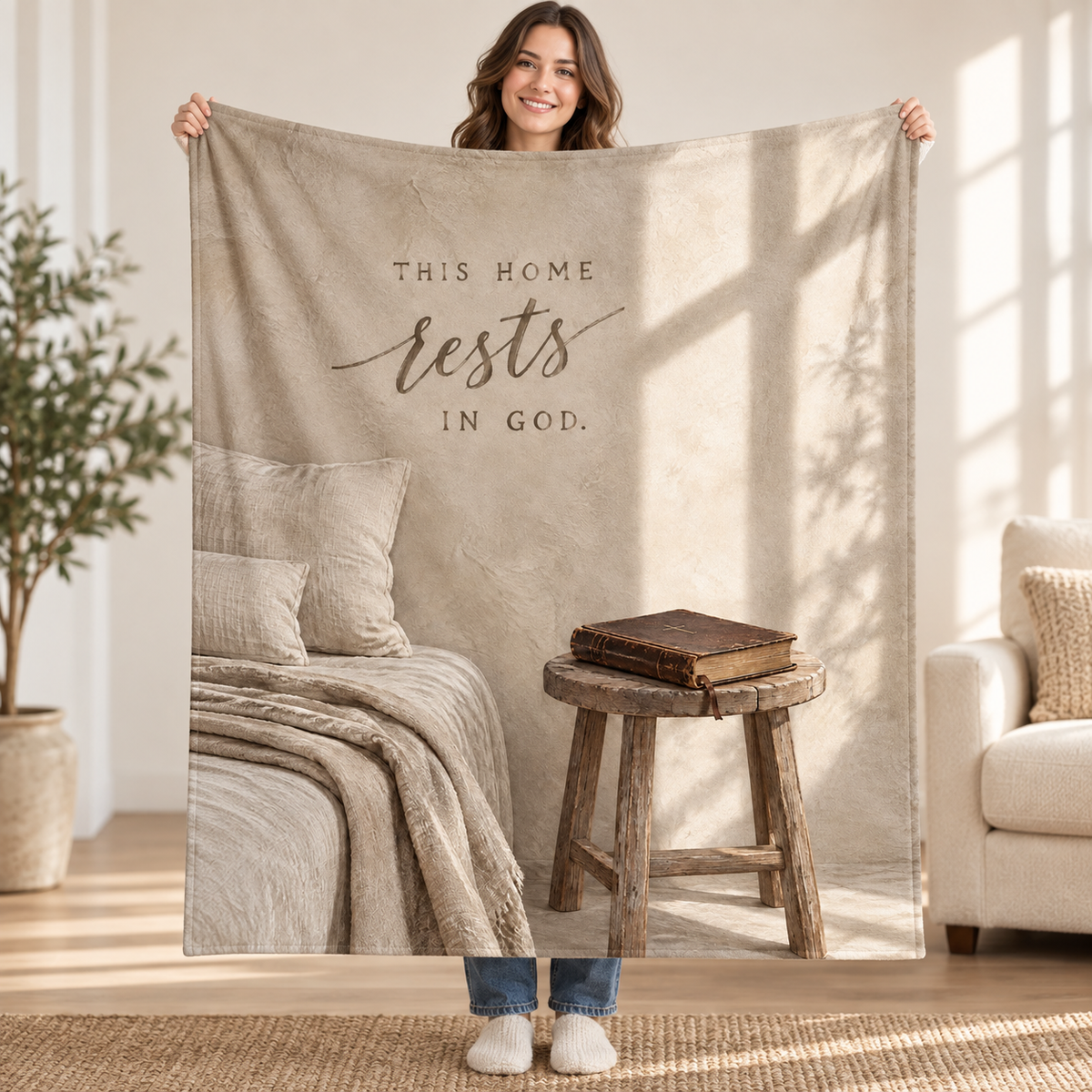 This Home Rests in God. blanket, held open