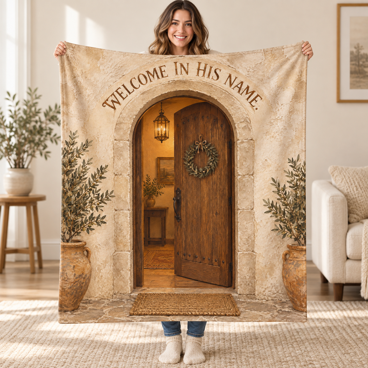Welcome in His Name. blanket, held open