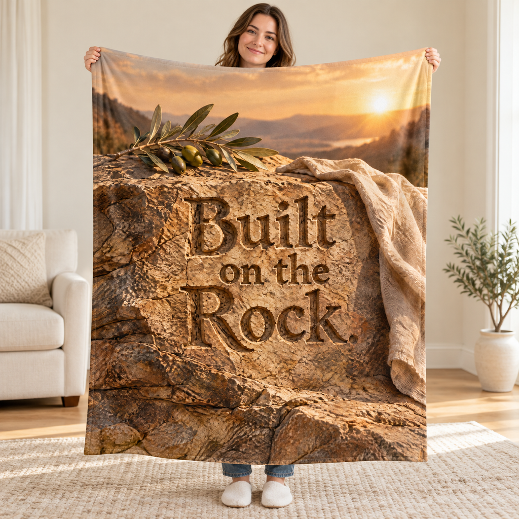Built on the Rock. blanket, held open