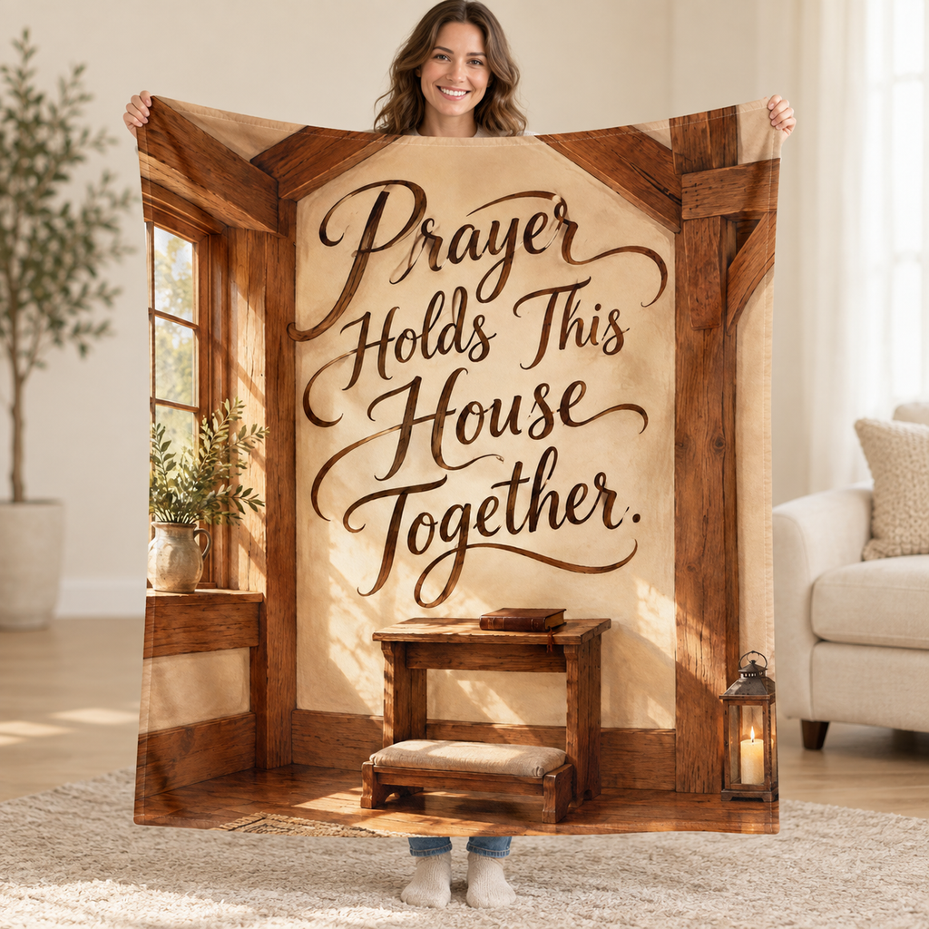 Prayer Holds This House Together. blanket, held open
