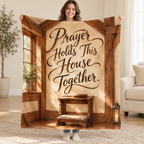 Prayer Holds This House Together. blanket, held open