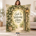 God Is Welcome Here. blanket, held open
