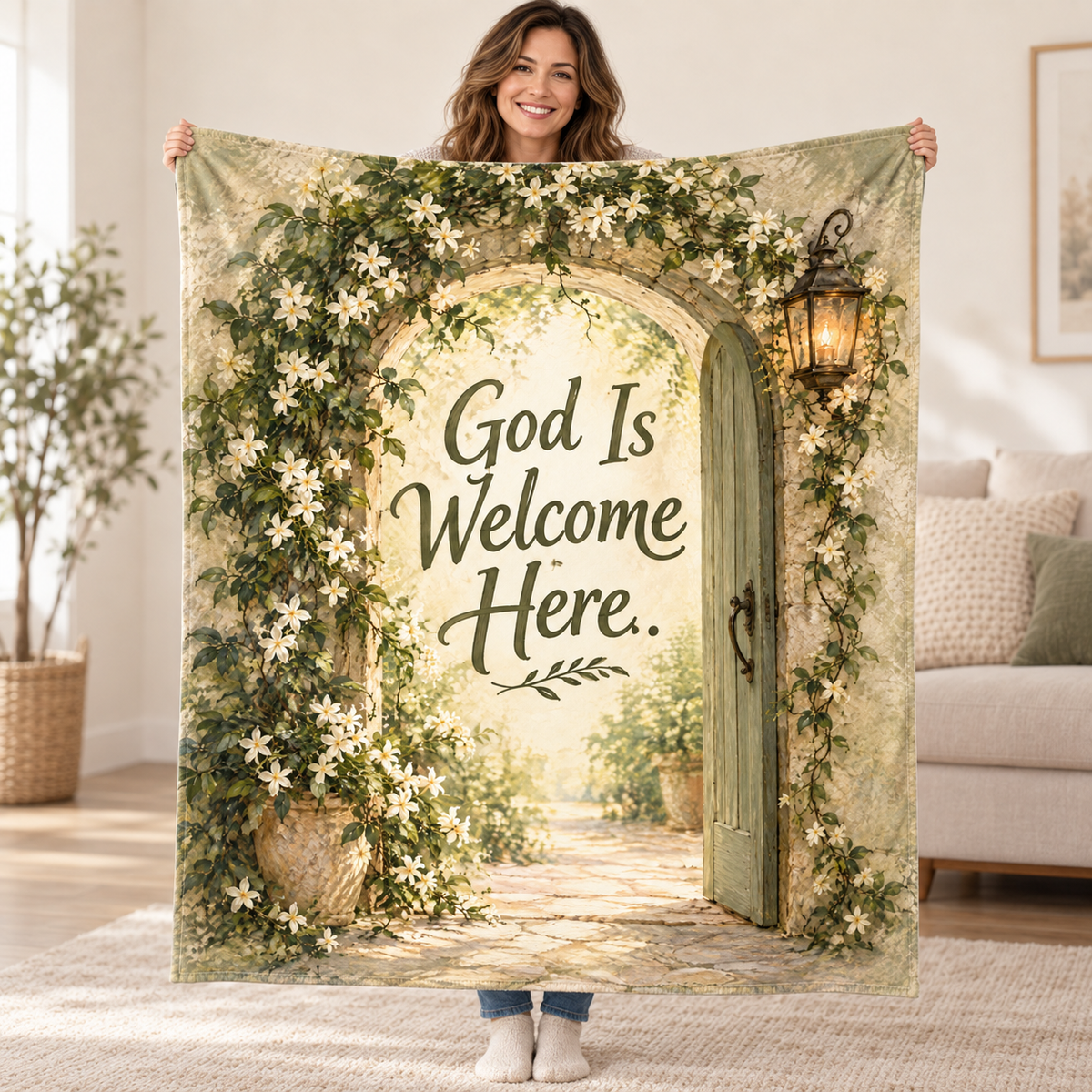 God Is Welcome Here. blanket, held open