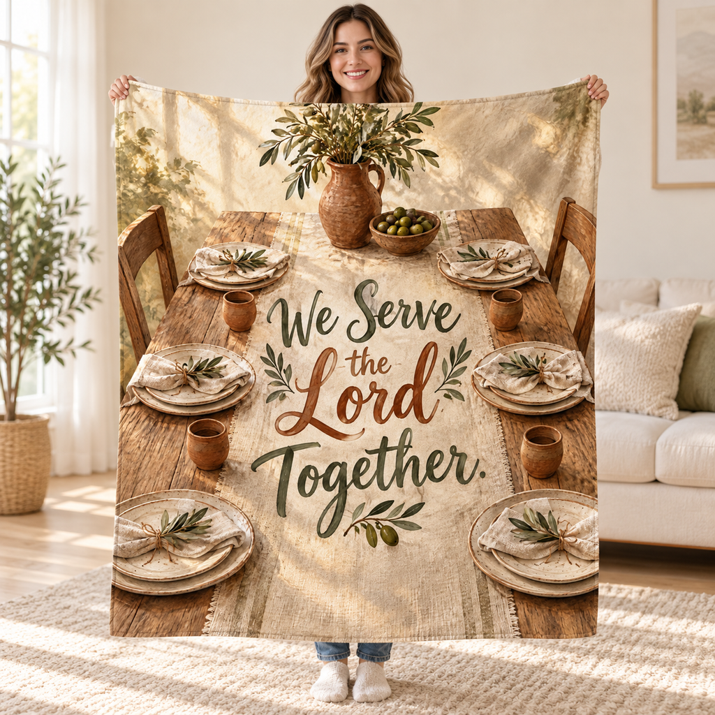 We Serve the Lord Together. blanket, held open