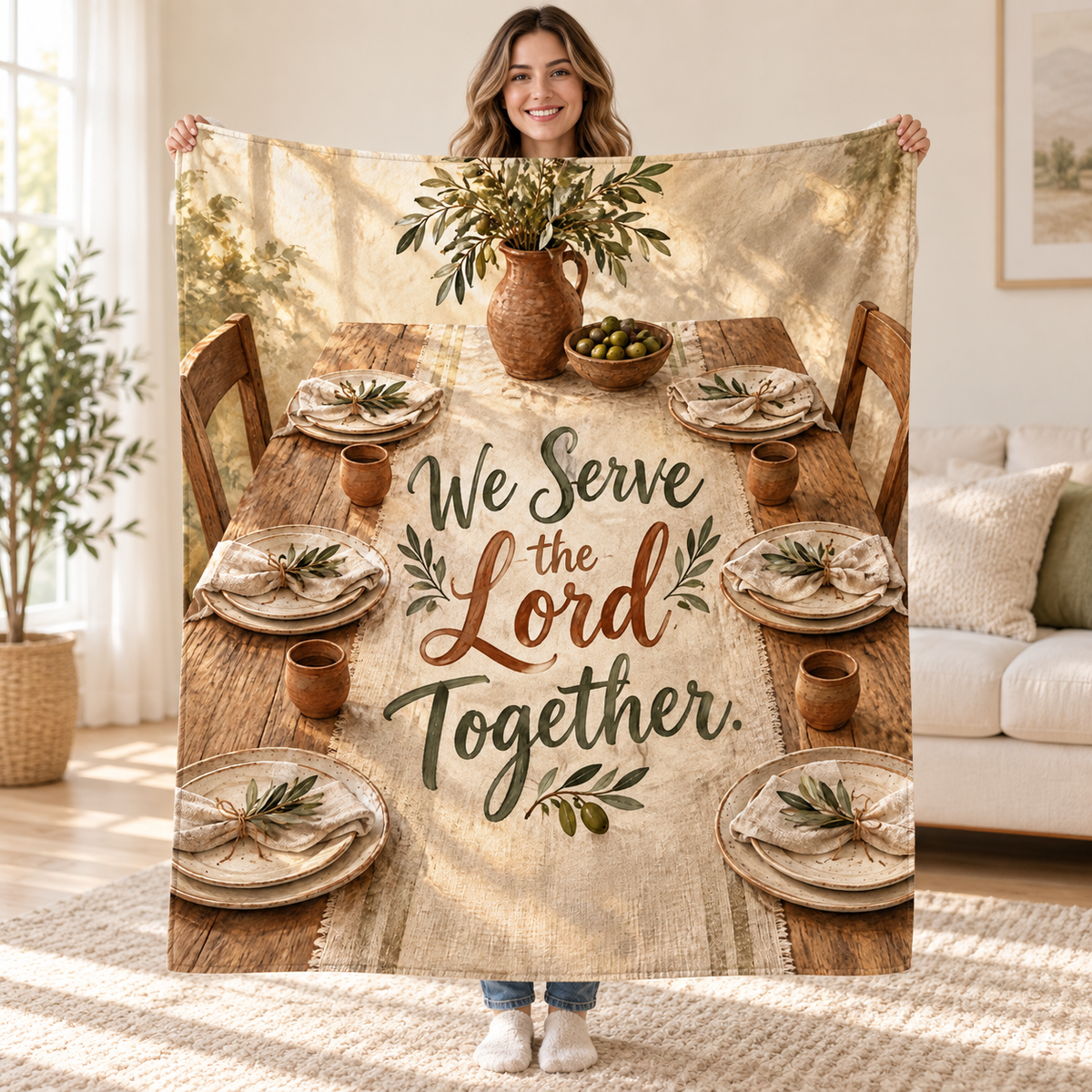 We Serve the Lord Together. blanket, held open