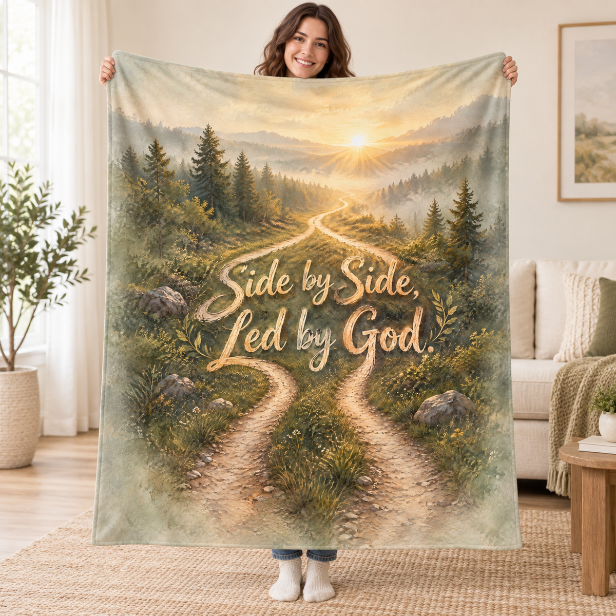 Side by Side, Led by God. blanket, held open