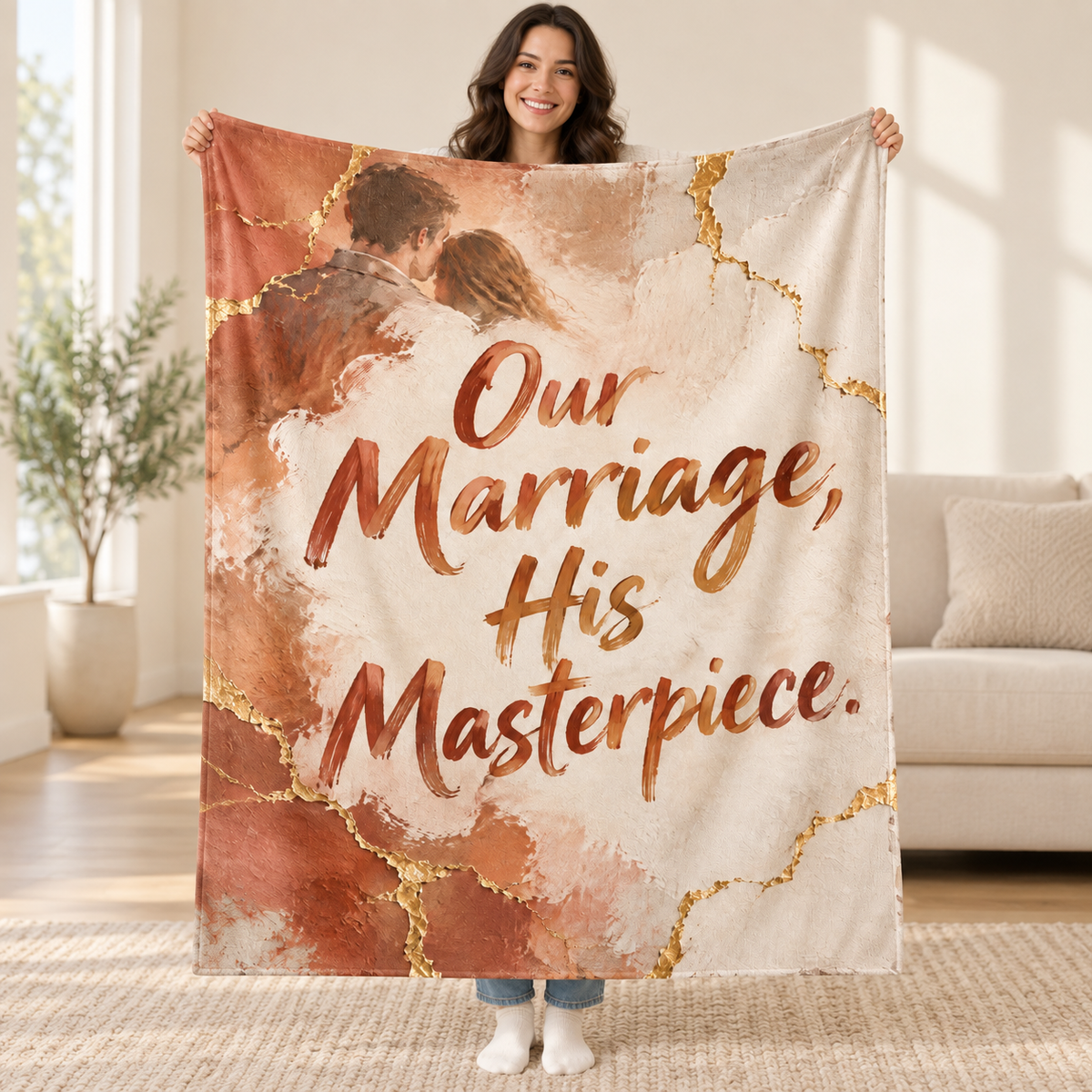 Our Marriage, His Masterpiece. blanket, held open