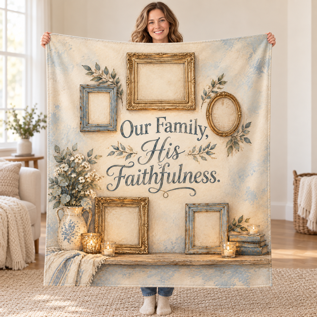 Our Family, His Faithfulness. blanket, held open
