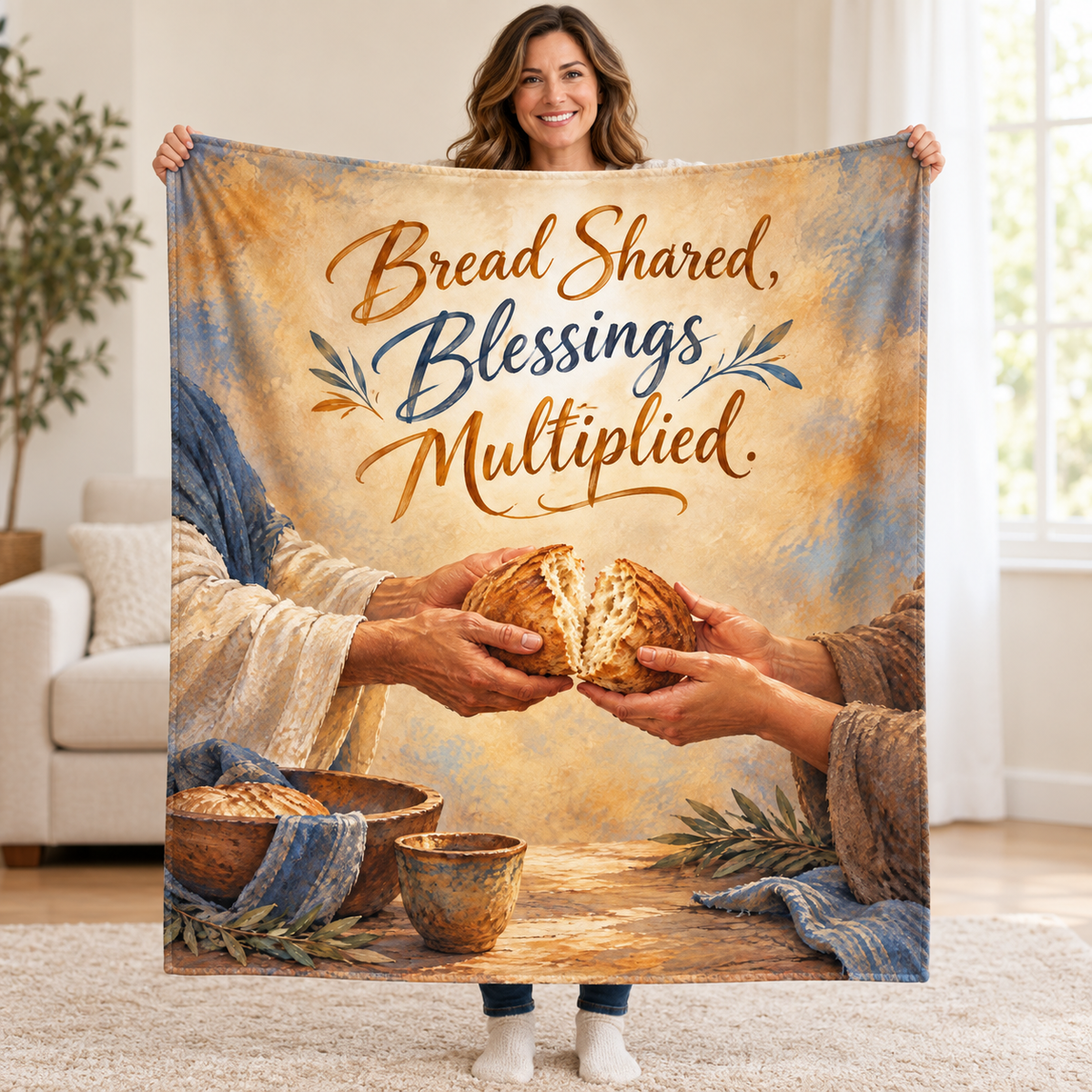 Bread Shared, Blessings Multiplied. blanket, held open