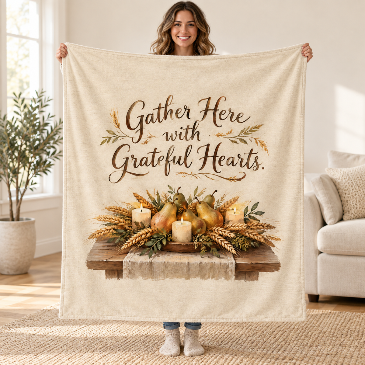 Gather Here with Grateful Hearts. blanket, held open