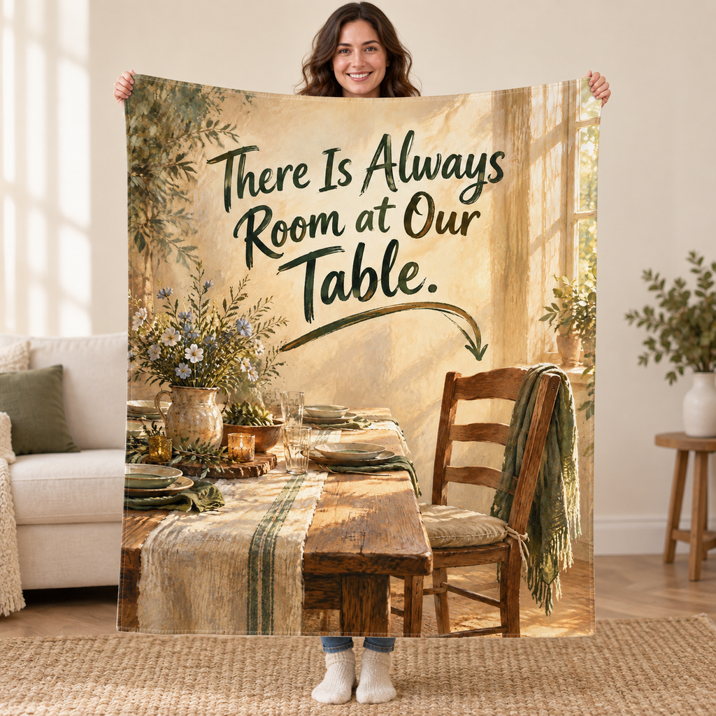 There Is Always Room at Our Table. blanket, held open