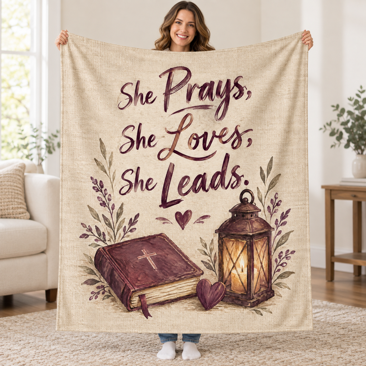 She Prays, She Loves, She Leads. blanket, held open