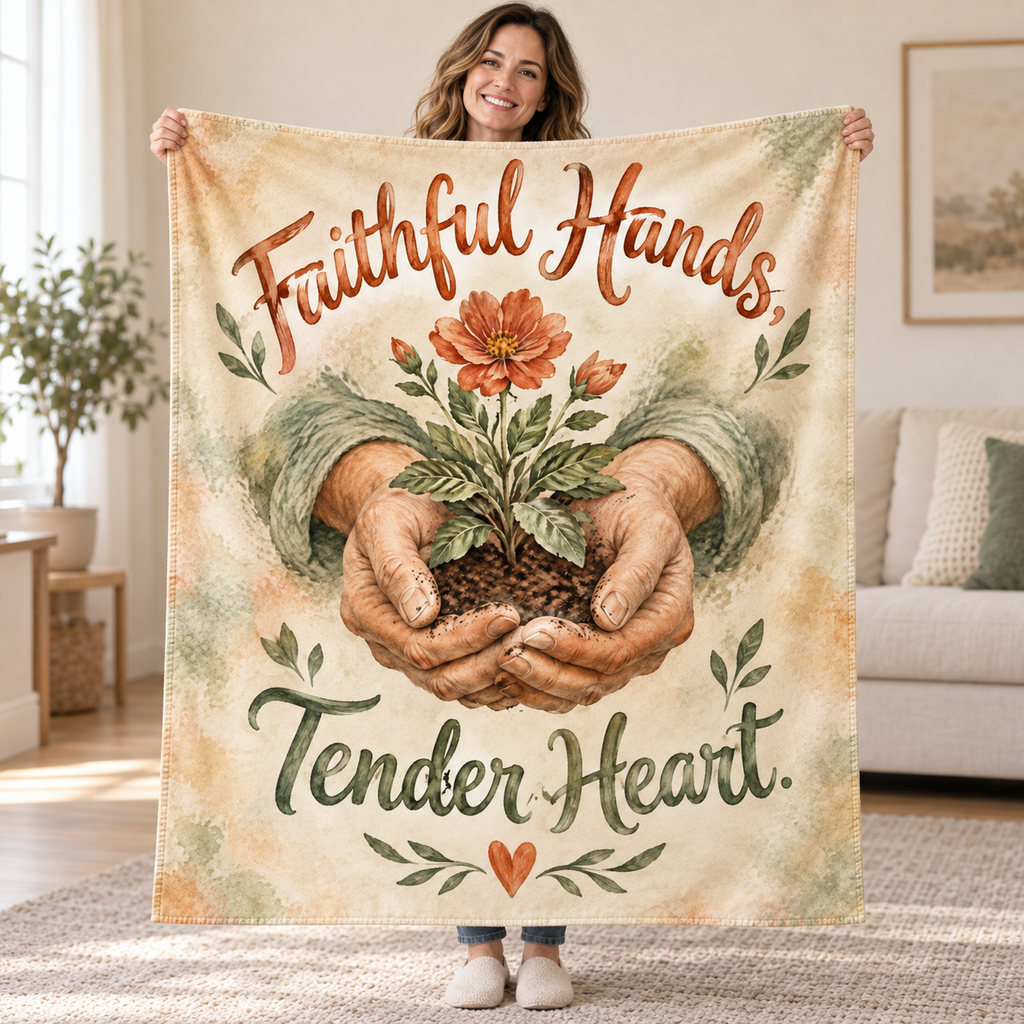 Faithful Hands, Tender Heart. blanket, held open