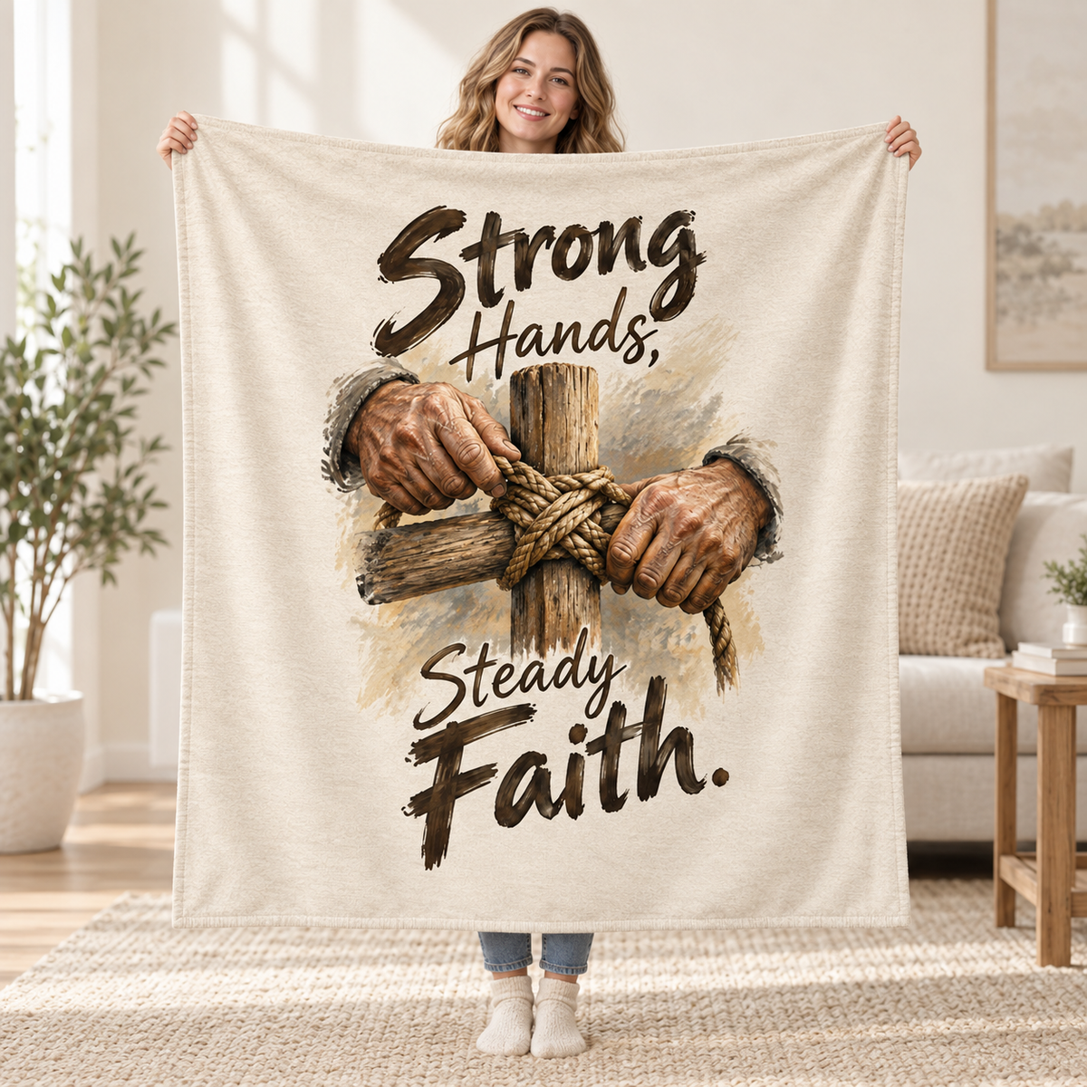 Strong Hands, Steady Faith. blanket, held open
