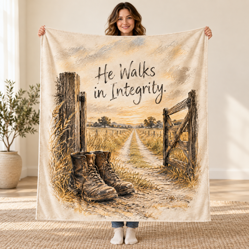 He Walks in Integrity. blanket, held open