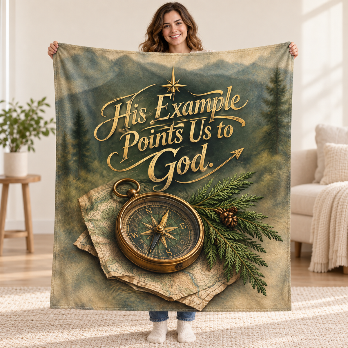 His Example Points Us to God. blanket, held open
