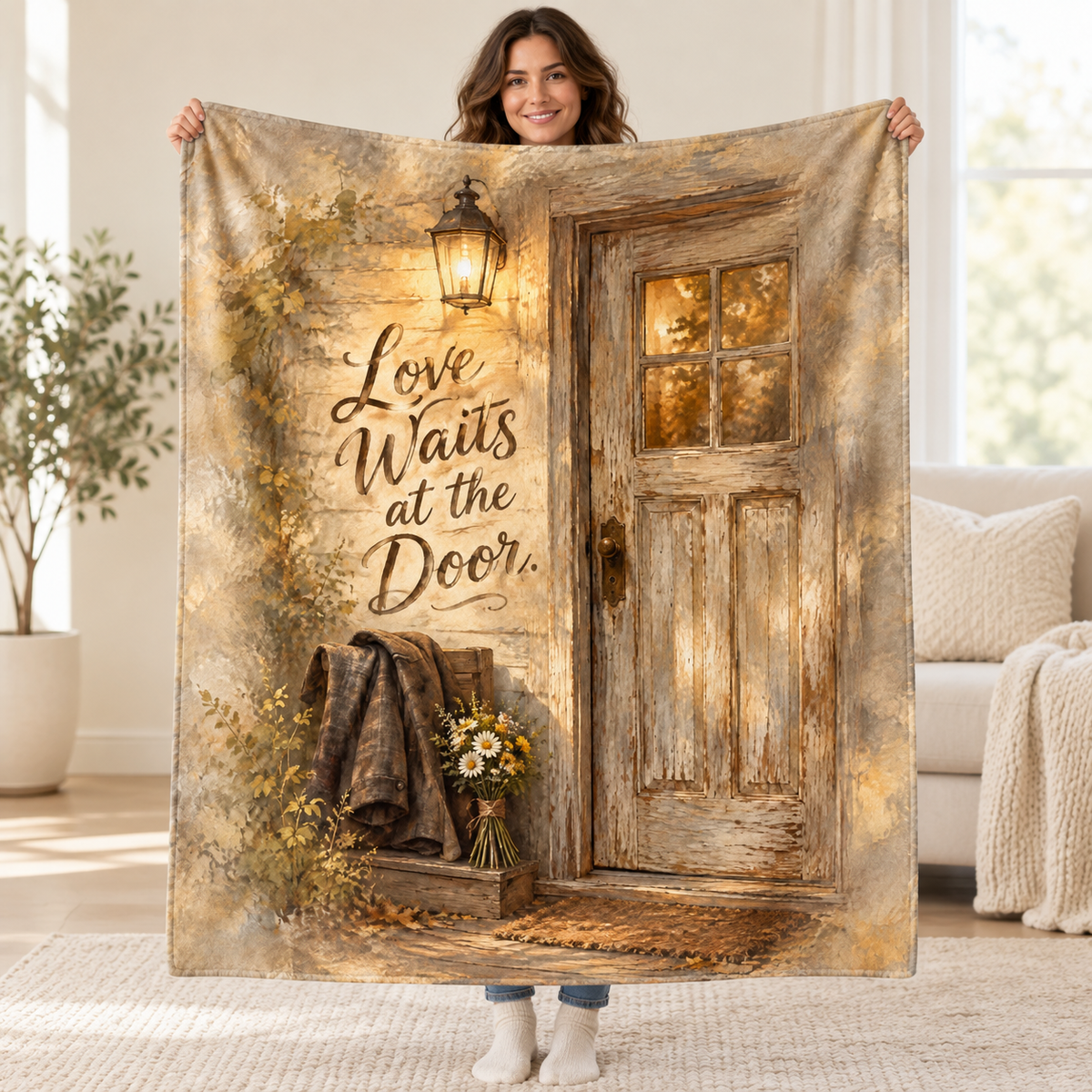 Love Waits at the Door. blanket, held open