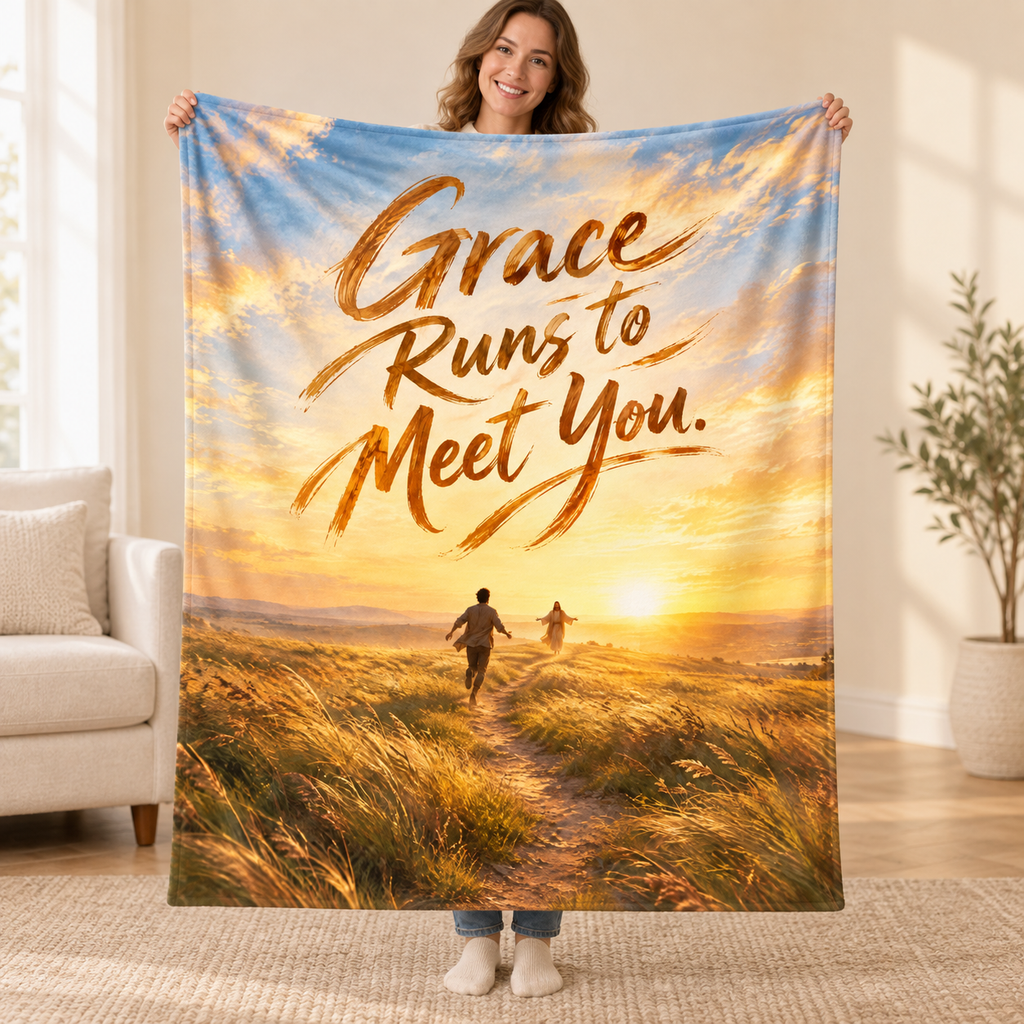 Grace Runs to Meet You. blanket, held open