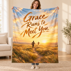 Grace Runs to Meet You. blanket, held open