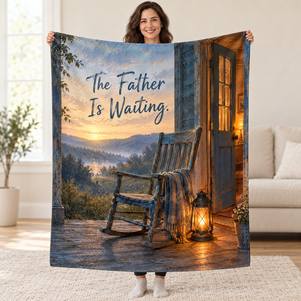 The Father Is Waiting. blanket, held open
