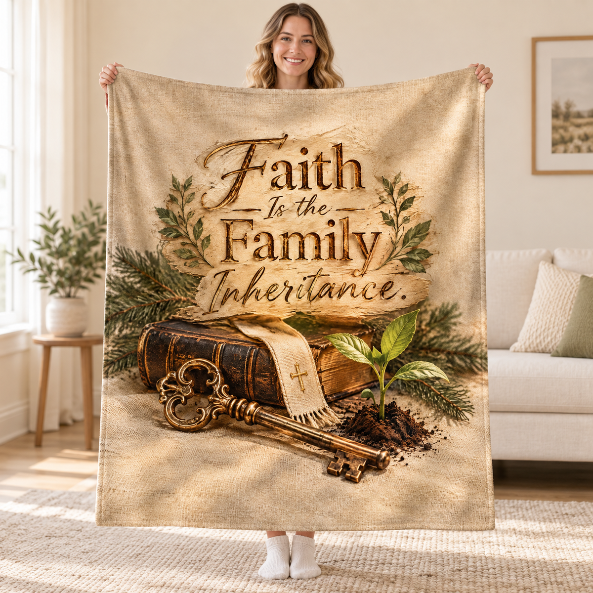 Faith Is the Family Inheritance. blanket, held open