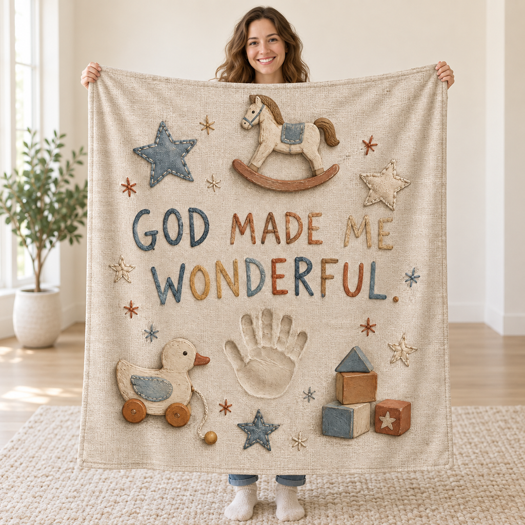 God Made Me Wonderful. blanket, held open