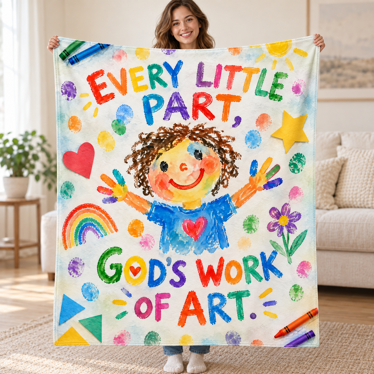 Every Little Part, God's Work of Art. blanket, held open