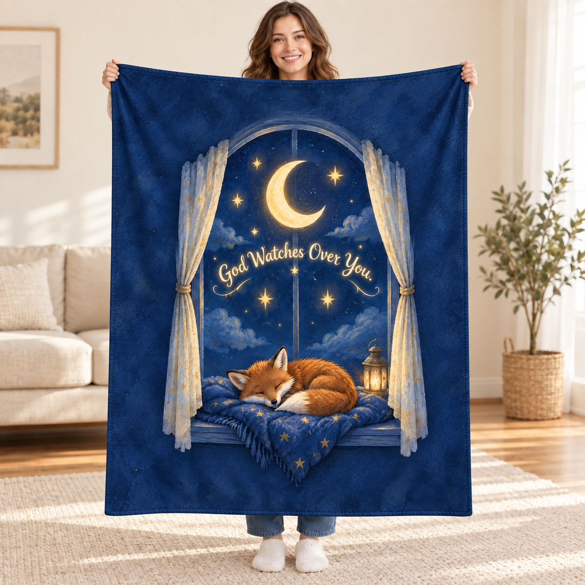 God Watches Over You. blanket, held open